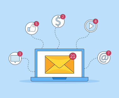 Laptop ile zarf ve e-posta üstünde perde. Yeni mesaj. E-pazarlama, internet reklamcılığı kavramlarını. Düz vektör çizim