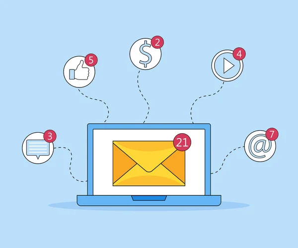 Laptop con busta ed e-mail sullo schermo. Nuovi posti. E-marketing, concetti di pubblicità su internet. Illustrazione vettoriale piatto — Vettoriale Stock