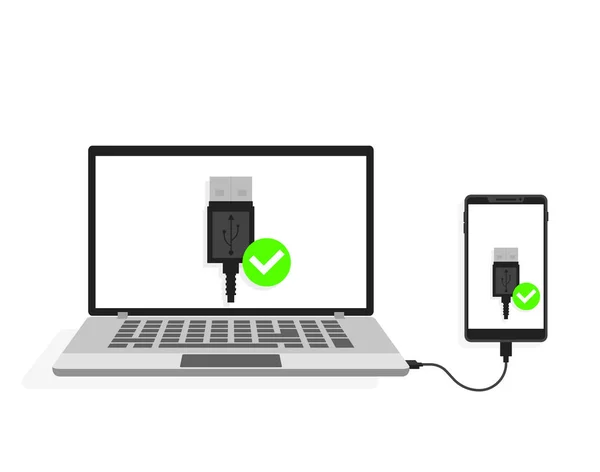 USB-aansluiting van de laptop naar de smartphone. Vectorillustratie — Stockvector