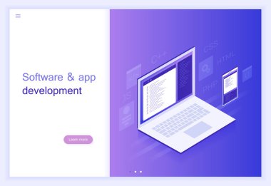 Konsept yazılım ve uygulama geliştirme, dizüstü bilgisayar ve telefon ekranında, büyük veri işleme program kodu. Modern vektör çizim