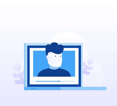 Web sayfası, afiş, sunum, sosyal medya, belgeler için Konsept video blogger. Video oynatıcıile bilgisayar ekranı. Web semineri eğitimi ile e-öğrenme. Modern düz stil vektör illüstrasyon