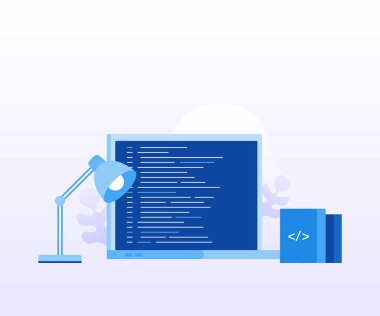 Konsept dizüstü bilgisayar ekran web sayfası, afiş, tanıtım, sosyal medya, belgeler için program kodu ile. Modern düz stil vektör çizim