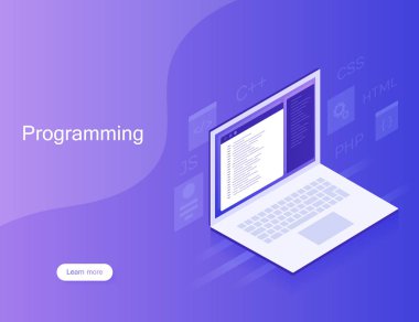 Yazılım geliştirme ve programlama, program kodu dizüstü bilgisayar ekranında, büyük veri işleme. Modern vektör çizim