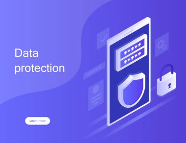 Concept personal data protection, web banner. Cyber security and privacy. Traffic Encryption, VPN, Privacy Protection Antivirus. Modern vector illustration in isometric style