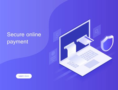 Dizüstü bilgisayar, kişisel verilerin korunması yoluyla kavramları online ödeme. Açılış sayfası için tasarım. İzometrik tarzı modern vektör çizim