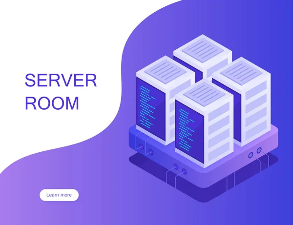 Konsep ruang server. Menyambut dengan penyimpanan data cloud dan ruang server. Rak server. Ilustrasi Vektor Modern dalam gaya Isometrik - Stok Vektor