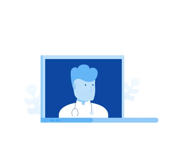 Konzept medizinische Online-Beratung und Unterstützung. Online-Arzt auf dem Bildschirm Laptop. moderne flache Vektorillustration — Stockvektor
