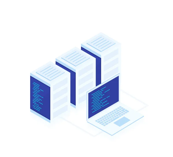 Conceito de hospedagem web .Vector mapa isométrico com servidores de rede de negócios e laptop.Cloud dados de armazenamento e sincronização de dispositivos. Ilustração vetorial moderna —  Vetores de Stock