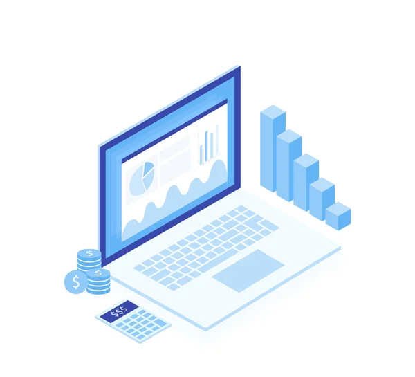 Conceber estratégia de negócios. Dados de análise e Investimento. Elementos isométricos. Sucesso do negócio.Revisão financeira com laptop e elementos infográficos. Design isométrico. Ilustração vetorial —  Vetores de Stock