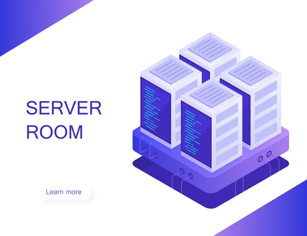 Concept de salle de serveurs. Hébergement avec stockage de données cloud et salle de serveurs. Crémaillère. Illustration vectorielle moderne dans un style isométrique — Image vectorielle