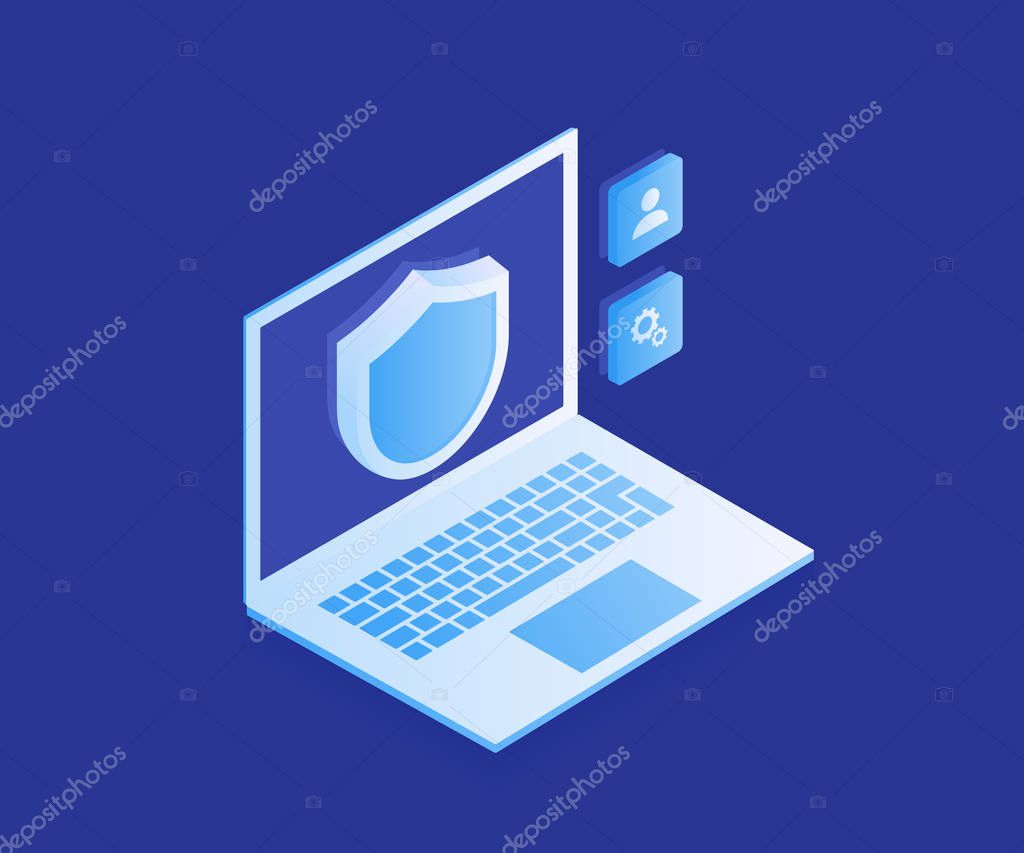 Computer data protection, laptop with shield, data safety. Modern vector illustration in isometric style.