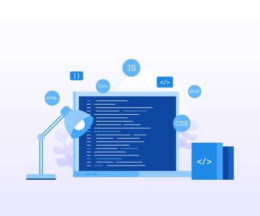 Konsept dizüstü bilgisayar ekran web sayfası, afiş, tanıtım, sosyal medya, belgeler için program kodu ile. Modern düz stil vektör çizim