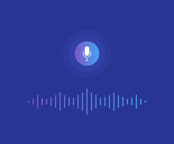 Personal assistant en stem erkenning concept. De knop van de microfoon met heldere stem en geluid imitatie lijnen. Modern vlakke stijl vectorillustratie — Stockvector