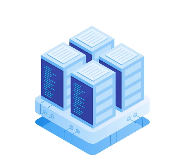 Konzept des Serverraums. Hosting mit Cloud-Datenspeicher und Serverraum. Server-Rack. moderne Vektordarstellung im isometrischen Stil — Stockvektor