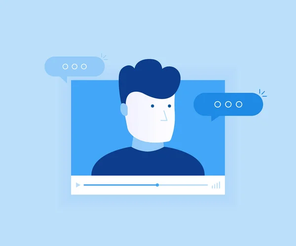 Concept of on-line video chat app, internet talk, call technology. Video player window with speaking man and messages. Modern flat style vector illustration — Stock Vector
