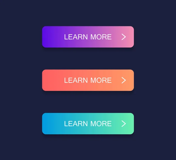 Daha fazla bilgi edinin, düğme ayarlayın. Farklı degrade renkleri. Modern vektör illüstrasyon düz stil — Stok Vektör