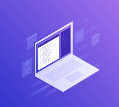Software development and programming, program code on laptop screen, big data processing. Modern vector illustration. clipart svg vector 