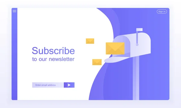 Подписаться на электронную почту, он-лайн шаблон вектора информационного бюллетеня с почтовым ящиком и отправить кнопку для сайта. Современная векторная иллюстрация — стоковый вектор