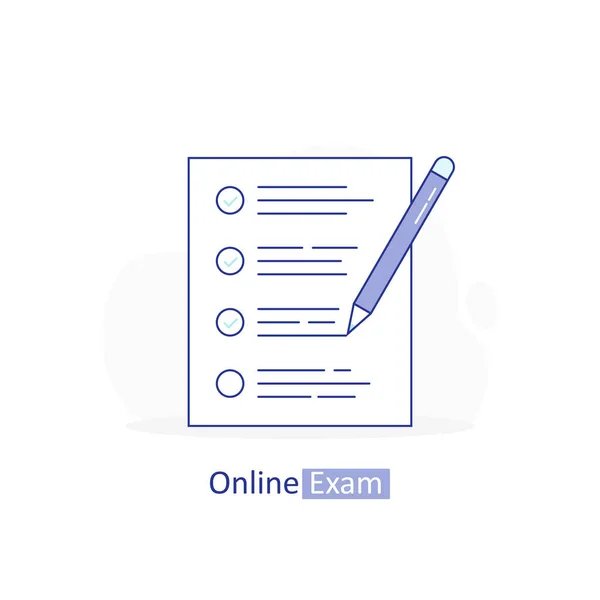 Examen en línea, lista de verificación con lápiz, tomar la prueba, elegir la respuesta, formulario del cuestionario, la educación. Ilustración de vector de línea moderna — Vector de stock