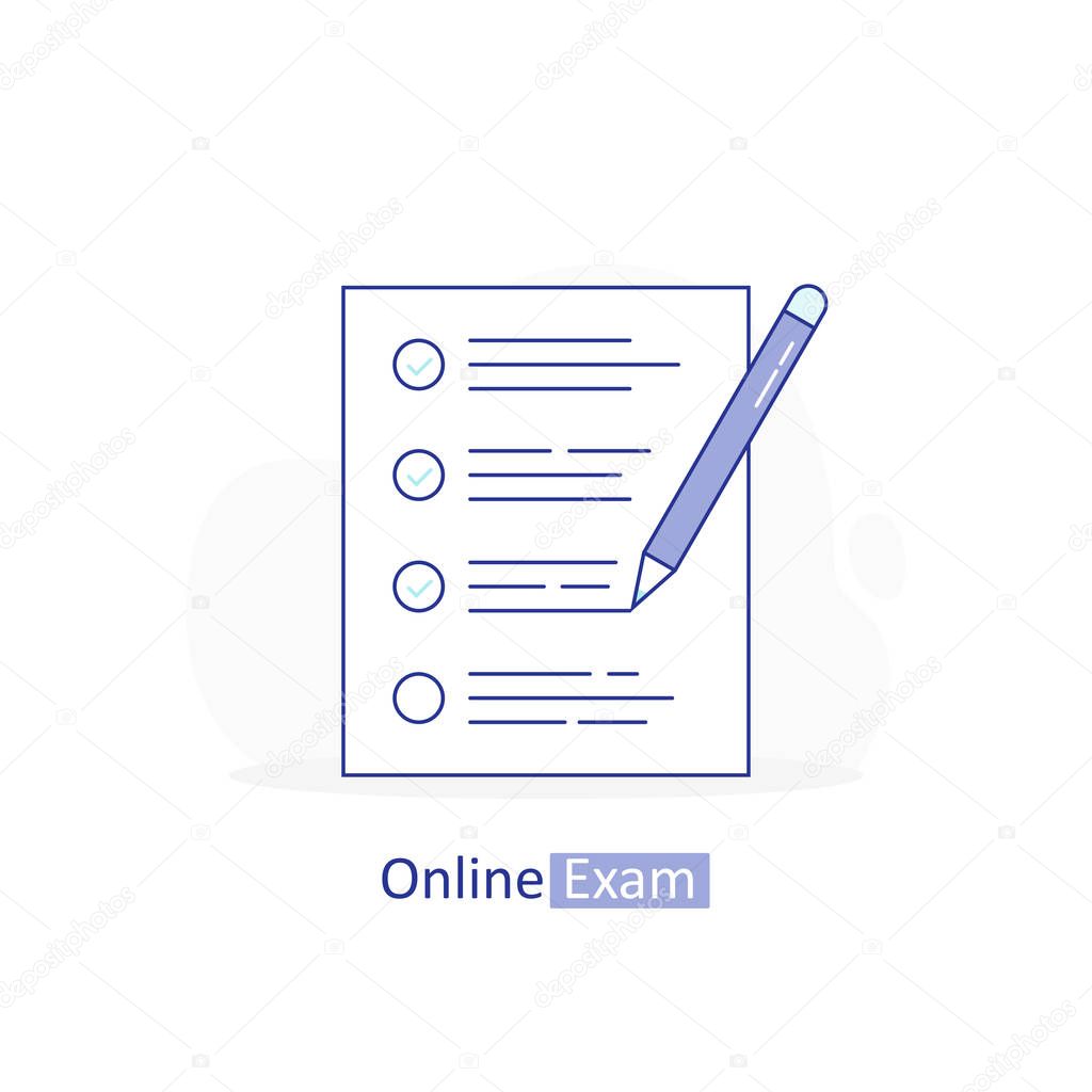 Online exam, checklist with pencil, taking test, choosing answer, questionnaire form, education. Modern line vector illustration