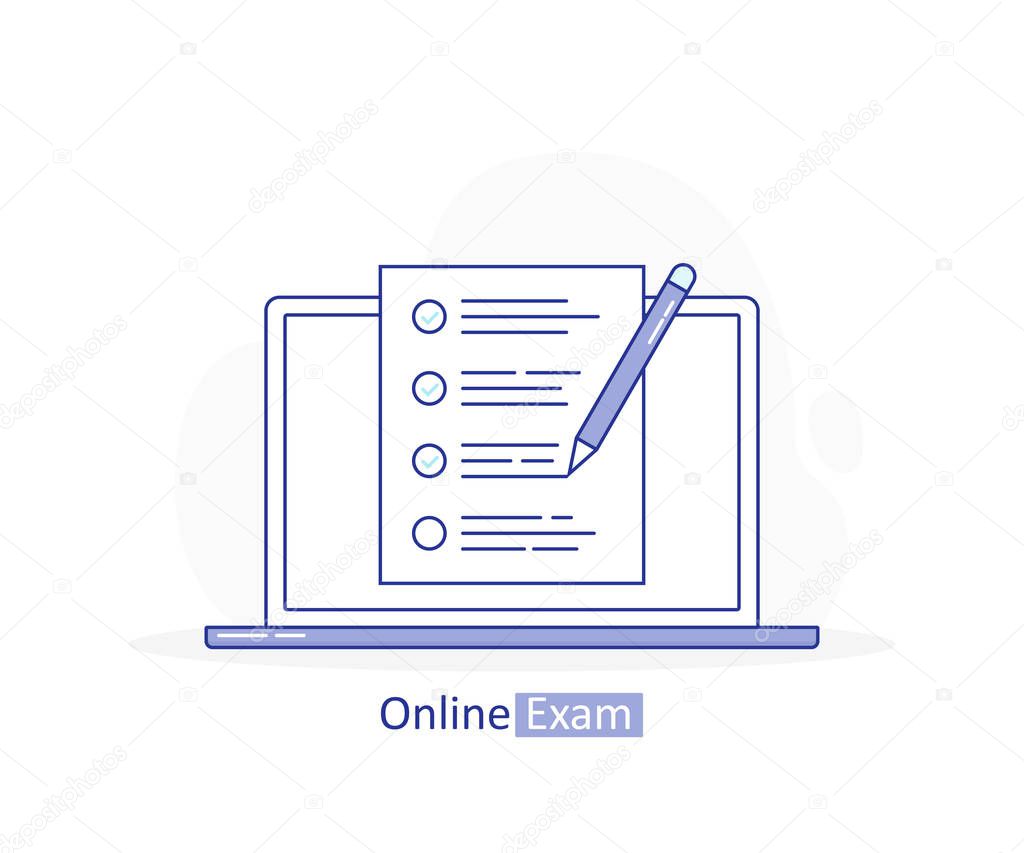 Online exam, laptop with checklist and pencil, taking test, choosing answer, questionnaire form, education. Modern line vector illustration