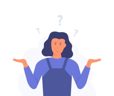 Bir kadın tuhaf bir ifade ile omuz silkiyor. Çözüm arama. Modern el çizilmiş karikatür vektör çizimler