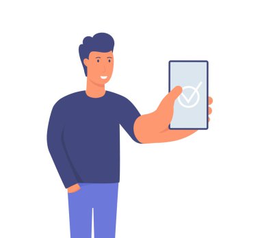 Başarılı onay işareti ile akıllı telefon ekran gösteren işadamı yakın. Modern el çizilmiş karikatür vektör çizimler