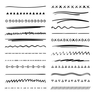 Marker fırça doodle stilinde altı çizili vuruşların el yapımı koleksiyon kümesi. Çeşitli Şekiller. Vektör grafik tasarımı