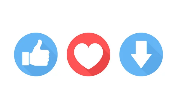 Pollici in su, icona del cuore e pulsante di download su uno sfondo bianco. Illustrazione vettoriale moderna in stile piatto — Vettoriale Stock