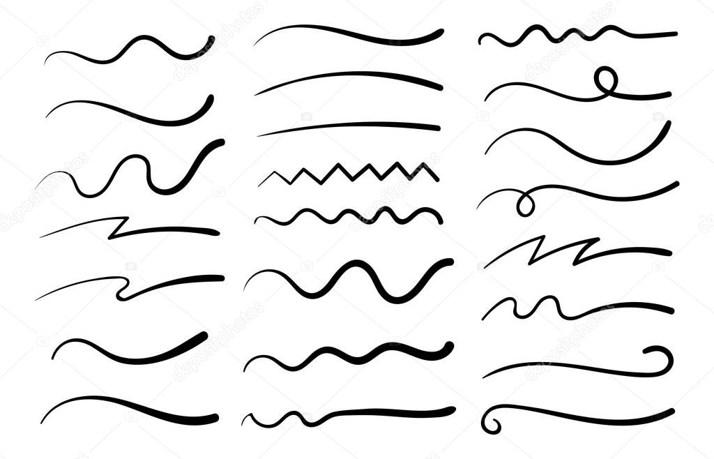 Hand drawn collection of curly swishes, swashes, swoops. Calligraphy swirl. Quotes icons. Highlight text elements
