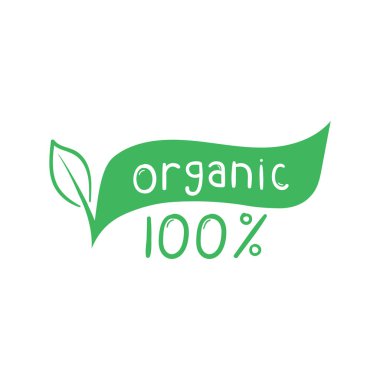 Yüzde 100 organik gıda, elle çizilmiş karalama elementleri. Çıkartmalar, afişler, kartlar, reklam için çevre dostu bir kavram. Vektör çizimi