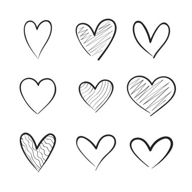 Kalp el çizilmiş simgeler beyaz arka plan üzerinde izole ayarlayın. Poster, duvar kağıdı ve Sevgililer Günü için. Kalpkoleksiyonu, yaratıcı sanat