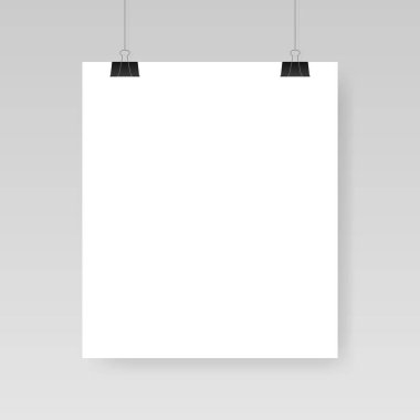 Boş beyaz poster şablonu. Affiche, bir şarjöre asılı kağıt. Vektör reklam afiş mockup stand sergi