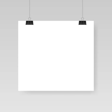 Boş beyaz poster şablonu. Affiche, bir şarjöre asılı kağıt. Vektör reklam afiş mockup stand sergi