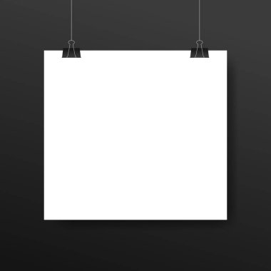 Boş beyaz poster şablonu. Affiche, bir şarjöre asılı kağıt. Vektör reklam afiş mockup stand sergi