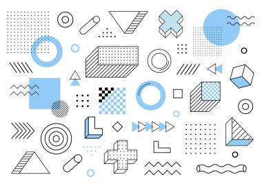 Geometrik arka plan. Evrensel eğilim yarı ton geometrik seti mavi öğeleri kompozisyon ile bitişik şekillendirir. Modern vektör çizim