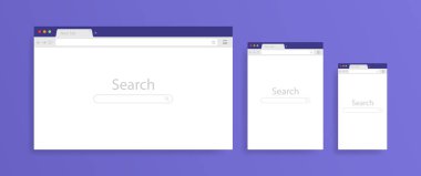 Pc, tablet ve cep telefonunda tarayıcı penceresi açıldı. Tarayıcı pencereleri boş şablon mockup set web sayfası. Modern vektör illüstrasyonu