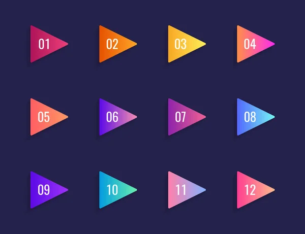 Super set flecha bandeiras de triângulo de ponto de bala no fundo azul escuro. Marcadores gradientes coloridos com número de 1 a 12. Ilustração vetorial moderna — Vetor de Stock