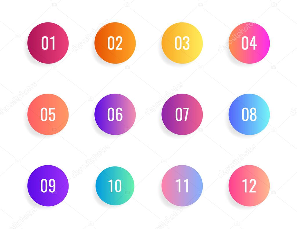 Super set arrow bullet point triangle flags on white background. Colorful gradient markers with number from 1 to 12. Modern vector illustration