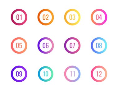 Süper ayar ok madde işareti noktası üçgen bayrakları beyaz arka plan üzerinde. 1'den 12'ye kadar olan renkli degrade belirteçleri. Modern vektör illüstrasyonu