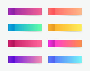 Farklı renkli posta etiketleri, vektör koleksiyonu. Gölge şablonlu yapışkan bantlar. Not kağıdı gönder. Üzerine herhangi bir metin koy