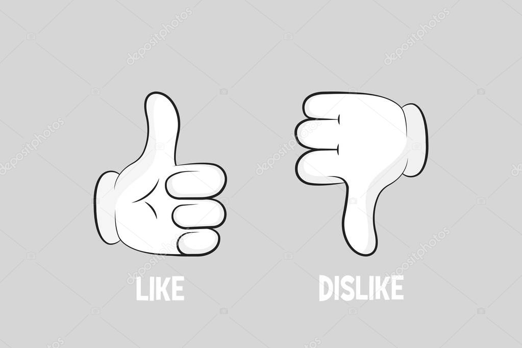 Cartoon gloved arms. Thumbs up and thumbs down. Like or dislike. Vector illustration line icon