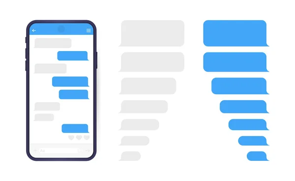 Smartphone mit Messenger-Chat-Bildschirm. SMS-Vorlagenblasen für Dialoge komponieren. moderne Vektorillustration flacher Stil — Stockvektor