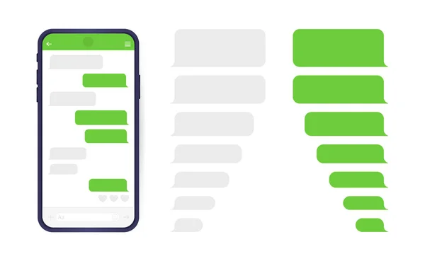 Smartphone mit Messenger-Chat-Bildschirm. SMS-Vorlagenblasen für Dialoge komponieren. moderne Vektorillustration flacher Stil — Stockvektor