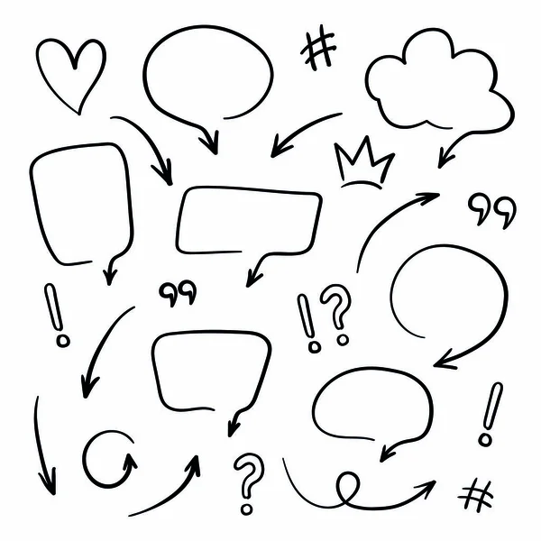 Super set different hand drawn element. Collection of arrows, speech bubble, circles, doodles on white background. Signs for design. Line art — Stock Vector