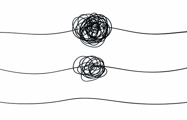 Verworrene Linie shape.set von Symbol des komplizierten Weges mit gekritzelten runden Element, Chaos-Zeichen, passieren den Weg linearen Pfeil mit Clew oder Knäuel Kugel in der Mitte. Vektorillustration — Stockvektor