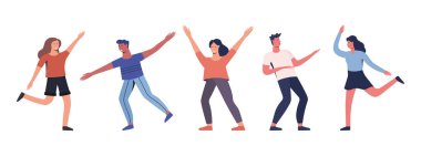 Bir grup genç mutlu dans eden insan. Genç erkekler ve kadınlar dans partisini seviyorlar. Modern renkli vektör illüstrasyon