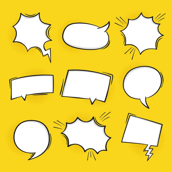 Super set hand drawn blank comic speech bubbles background in retro style. Talk chat retro speak message. Empty white blank comment — Stock Vector