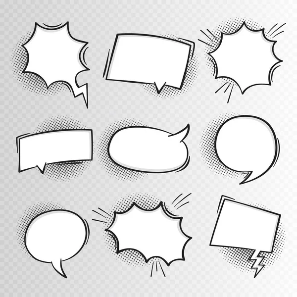 Super set hand drawn blank comic speech bubbles background in retro style. Talk chat retro speak message. Empty white blank comment — Stock Vector