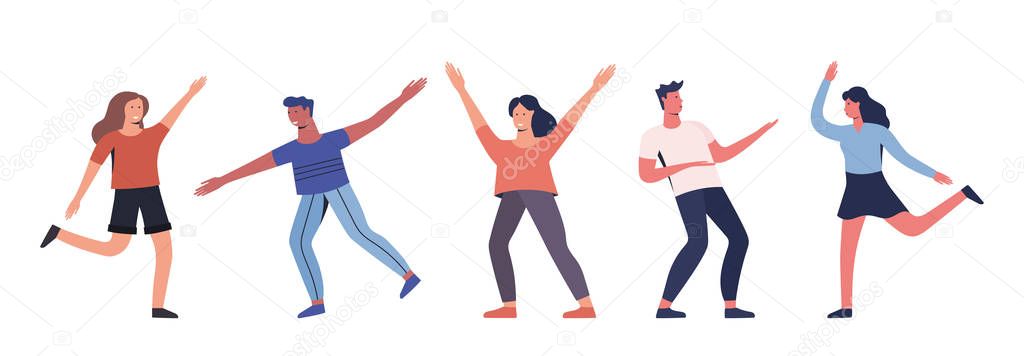 Group of young happy dancing people. Young men and women enjoying dance party. Modern colorful vector illustration